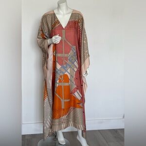 NOT FOR SALE- Elegant Multicolor Horses Kaftan Dress, mixed silk, one size.